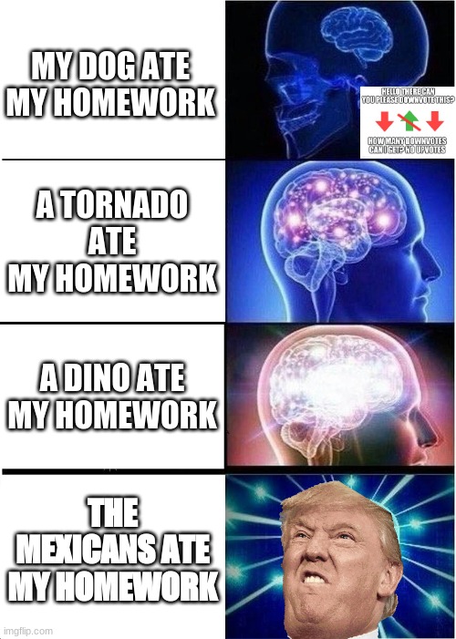 Expanding Brain | MY DOG ATE MY HOMEWORK; A TORNADO ATE MY HOMEWORK; A DINO ATE MY HOMEWORK; THE MEXICANS ATE MY HOMEWORK | image tagged in memes,expanding brain | made w/ Imgflip meme maker