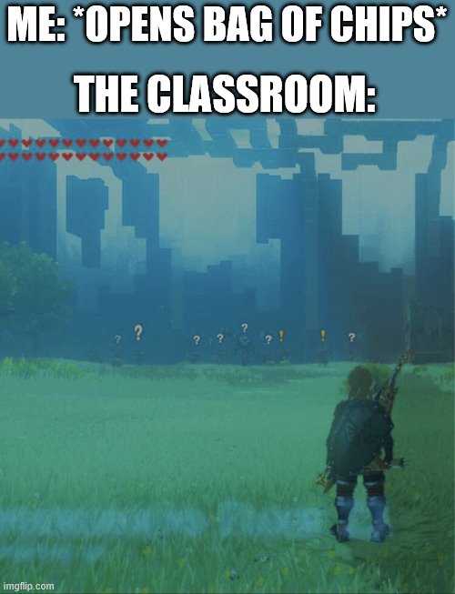 So True | ME: *OPENS BAG OF CHIPS*; THE CLASSROOM: | image tagged in when you _____,the legend of zelda breath of the wild | made w/ Imgflip meme maker