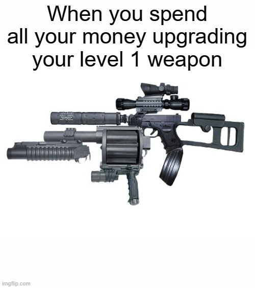 all these attachments | When you spend all your money upgrading your level 1 weapon | image tagged in funny,memes,weapons,gaming,video games,money | made w/ Imgflip meme maker