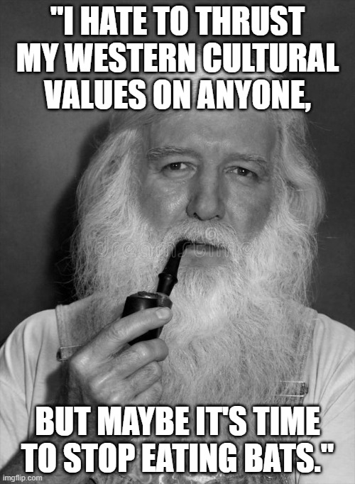 western values | "I HATE TO THRUST MY WESTERN CULTURAL VALUES ON ANYONE, BUT MAYBE IT'S TIME TO STOP EATING BATS." | image tagged in distinguished old man,eating bats,western values | made w/ Imgflip meme maker