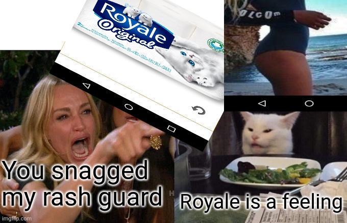 Woman Yelling At Cat Meme | You snagged my rash guard; Royale is a feeling | image tagged in memes,woman yelling at cat | made w/ Imgflip meme maker