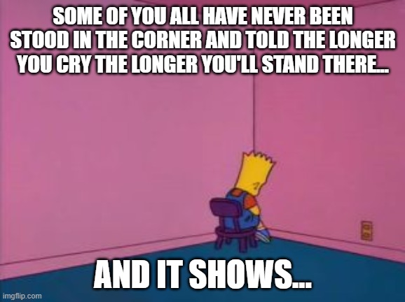 Sit in Corner | SOME OF YOU ALL HAVE NEVER BEEN STOOD IN THE CORNER AND TOLD THE LONGER YOU CRY THE LONGER YOU'LL STAND THERE... AND IT SHOWS... | image tagged in sit in corner | made w/ Imgflip meme maker
