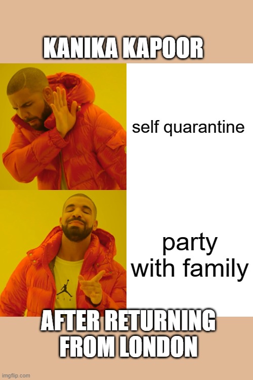 Drake Hotline Bling | KANIKA KAPOOR; self quarantine; party with family; AFTER RETURNING FROM LONDON | image tagged in memes,drake hotline bling | made w/ Imgflip meme maker
