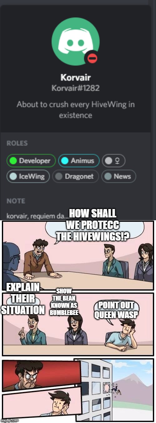 HOW SHALL WE PROTECC THE HIVEWINGS!? EXPLAIN THEIR SITUATION; SHOW THE BEAN KNOWN AS BUMBLEBEE; POINT OUT QUEEN WASP | image tagged in board room meeting | made w/ Imgflip meme maker