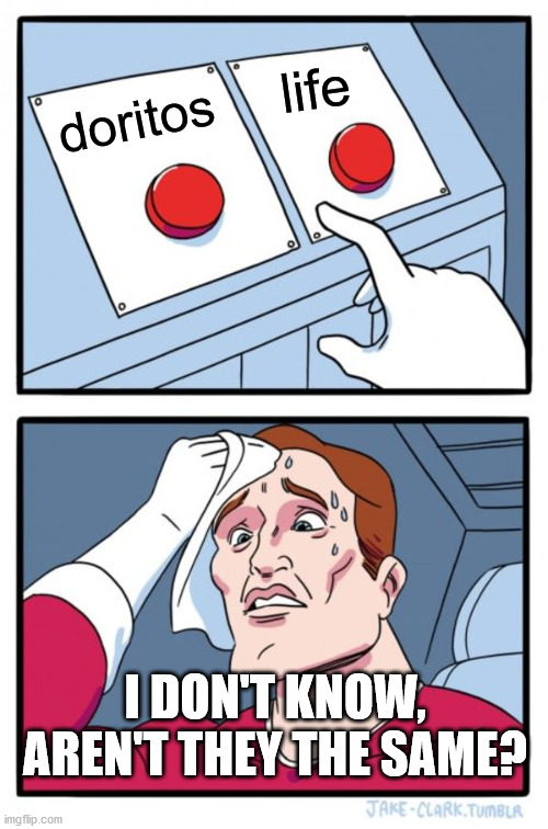 Two Buttons Meme | life; doritos; I DON'T KNOW, AREN'T THEY THE SAME? | image tagged in memes,two buttons | made w/ Imgflip meme maker
