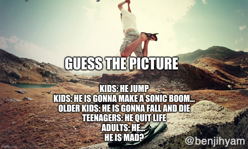 GUESS THE PICTURE; KIDS: HE JUMP
KIDS: HE IS GONNA MAKE A SONIC BOOM...
OLDER KIDS: HE IS GONNA FALL AND DIE
TEENAGERS: HE QUIT LIFE
ADULTS: HE... 
HE IS MAD? | image tagged in quit life | made w/ Imgflip meme maker