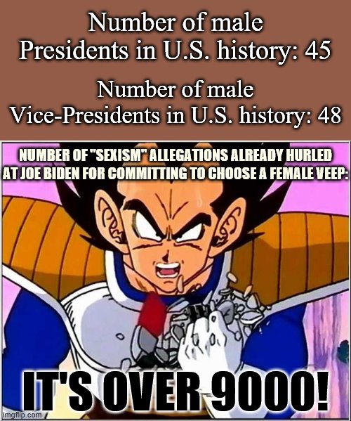 Was Joe Biden's announcement "sexism"? Technically, yes. Practically, no. | Number of male Presidents in U.S. history: 45; Number of male Vice-Presidents in U.S. history: 48; NUMBER OF "SEXISM" ALLEGATIONS ALREADY HURLED AT JOE BIDEN FOR COMMITTING TO CHOOSE A FEMALE VEEP:; IT'S OVER 9000! | image tagged in it's over 9000,sexism,sexist,joe biden,election 2020,conservative logic | made w/ Imgflip meme maker