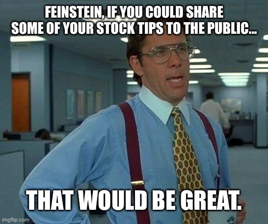 Nice timing. | FEINSTEIN, IF YOU COULD SHARE SOME OF YOUR STOCK TIPS TO THE PUBLIC... THAT WOULD BE GREAT. | image tagged in memes,that would be great | made w/ Imgflip meme maker