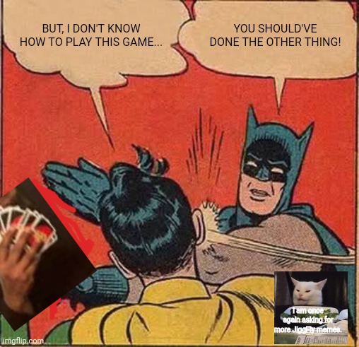 Batman Slapping Robin | BUT, I DON'T KNOW HOW TO PLAY THIS GAME... YOU SHOULD'VE DONE THE OTHER THING! I am once again asking for more JiggFly memes. | image tagged in memes,batman slapping robin,uno draw 25 cards,woman yelling at cat,mrjiggyfly,fun | made w/ Imgflip meme maker