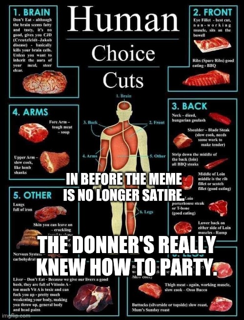 Donner's Knew how to Party |  IN BEFORE THE MEME IS NO LONGER SATIRE. THE DONNER'S REALLY KNEW HOW TO PARTY. | image tagged in coronavirus,cannibalism,meat | made w/ Imgflip meme maker
