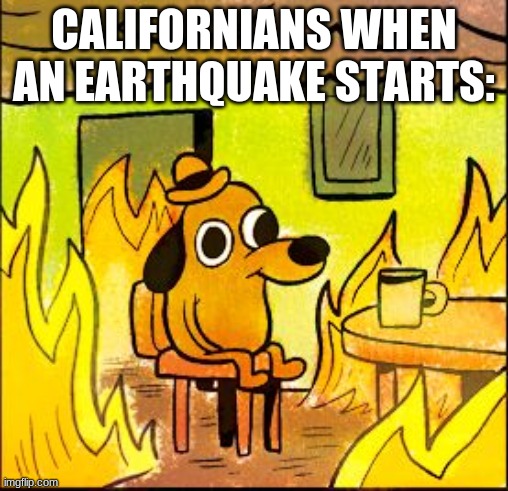 :- / | CALIFORNIANS WHEN AN EARTHQUAKE STARTS: | image tagged in this is fine,california | made w/ Imgflip meme maker