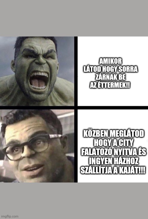 Professor Hulk | AMIKOR LÁTOD HOGY SORRA ZÁRNAK BE AZ ÉTTERMEK!! KÖZBEN MEGLÁTOD HOGY A CITY FALATOZÓ NYITVA ÉS INGYEN HÁZHOZ SZÁLLÍTJA A KAJÁT!!! | image tagged in professor hulk | made w/ Imgflip meme maker