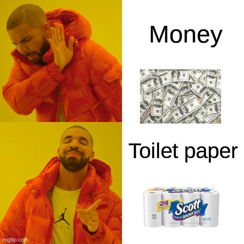Drake Hotline Bling | Money; Toilet paper | image tagged in memes,drake hotline bling | made w/ Imgflip meme maker