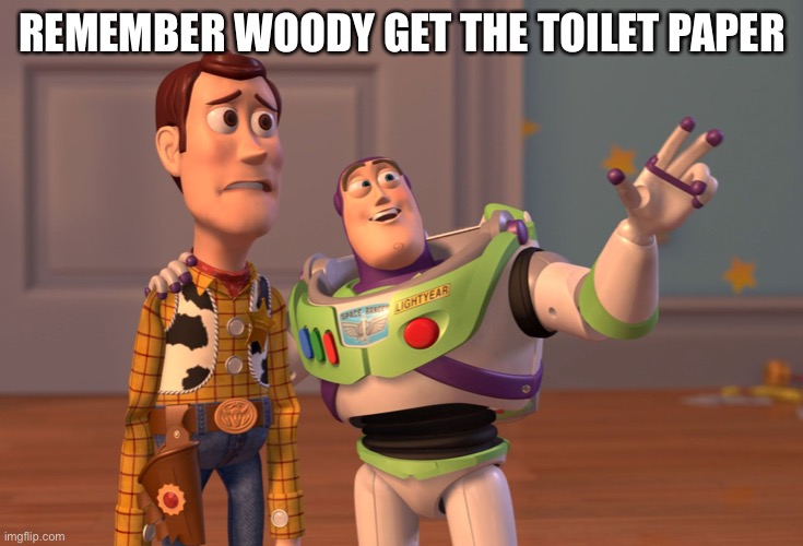 X, X Everywhere Meme | REMEMBER WOODY GET THE TOILET PAPER | image tagged in memes,x x everywhere | made w/ Imgflip meme maker