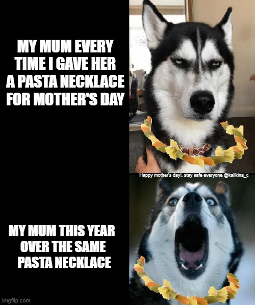 When pasta is more valuable than gold, COVID19 times | MY MUM EVERY TIME I GAVE HER A PASTA NECKLACE FOR MOTHER'S DAY; Happy mother's day!, stay safe everyone @kalikina_c; MY MUM THIS YEAR 
OVER THE SAME
 PASTA NECKLACE | image tagged in mothers day,pasta,coronavirus,covid19,mother's day,husky | made w/ Imgflip meme maker