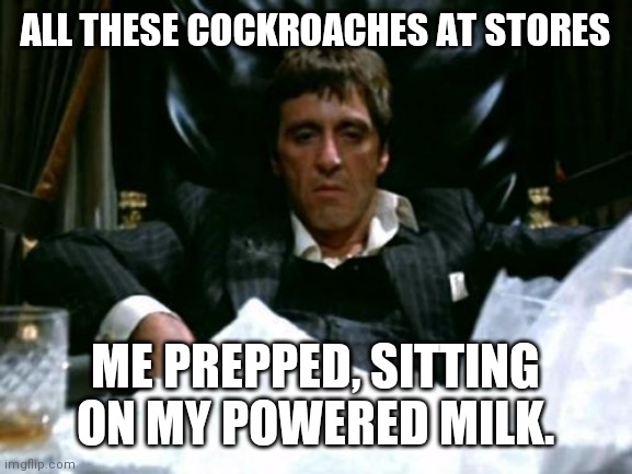 Scarface Cocaine | ALL THESE COCKROACHES AT STORES; ME PREPPED, SITTING ON MY POWERED MILK. | image tagged in scarface cocaine | made w/ Imgflip meme maker