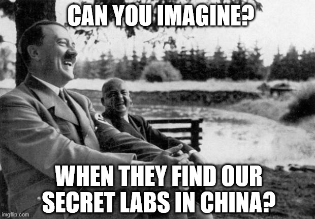 Adolf Hitler laughing | CAN YOU IMAGINE? WHEN THEY FIND OUR SECRET LABS IN CHINA? | image tagged in adolf hitler laughing | made w/ Imgflip meme maker