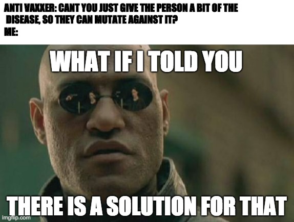 Matrix Morpheus | ANTI VAXXER: CANT YOU JUST GIVE THE PERSON A BIT OF THE
 DISEASE, SO THEY CAN MUTATE AGAINST IT?
ME:; WHAT IF I TOLD YOU; THERE IS A SOLUTION FOR THAT | image tagged in memes,matrix morpheus | made w/ Imgflip meme maker