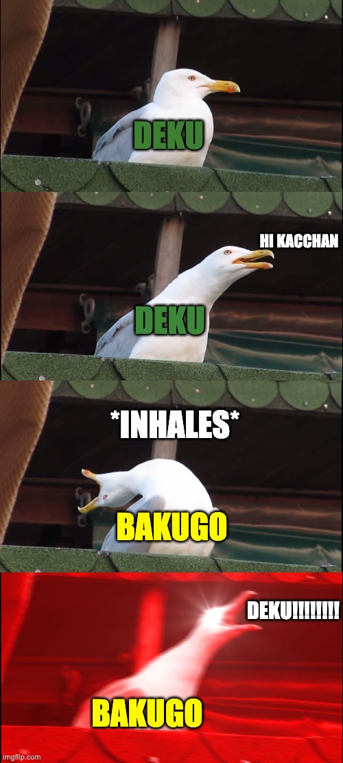 Inhaling Seagull | DEKU; HI KACCHAN; DEKU; *INHALES*; BAKUGO; DEKU!!!!!!!! BAKUGO | image tagged in memes,inhaling seagull | made w/ Imgflip meme maker