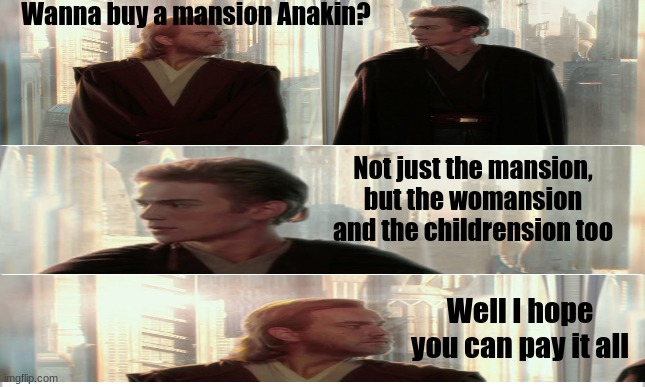 Anakin's Mansion, Womansion and Childrension | Wanna buy a mansion Anakin? Not just the mansion, but the womansion and the childrension too; Well I hope you can pay it all | image tagged in white background | made w/ Imgflip meme maker