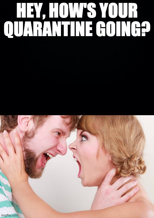 HEY, HOW'S YOUR QUARANTINE GOING? | image tagged in black background | made w/ Imgflip meme maker