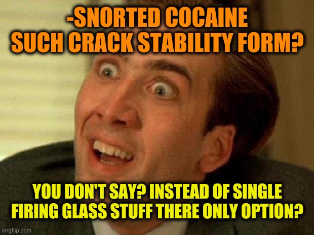 Nicolas cage | -SNORTED COCAINE SUCH CRACK STABILITY FORM? YOU DON'T SAY? INSTEAD OF SINGLE FIRING GLASS STUFF THERE ONLY OPTION? | image tagged in nicolas cage | made w/ Imgflip meme maker