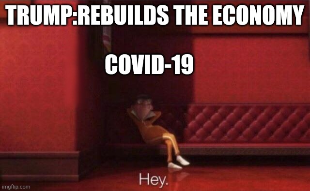 Hey. | TRUMP:REBUILDS THE ECONOMY; COVID-19 | image tagged in hey | made w/ Imgflip meme maker