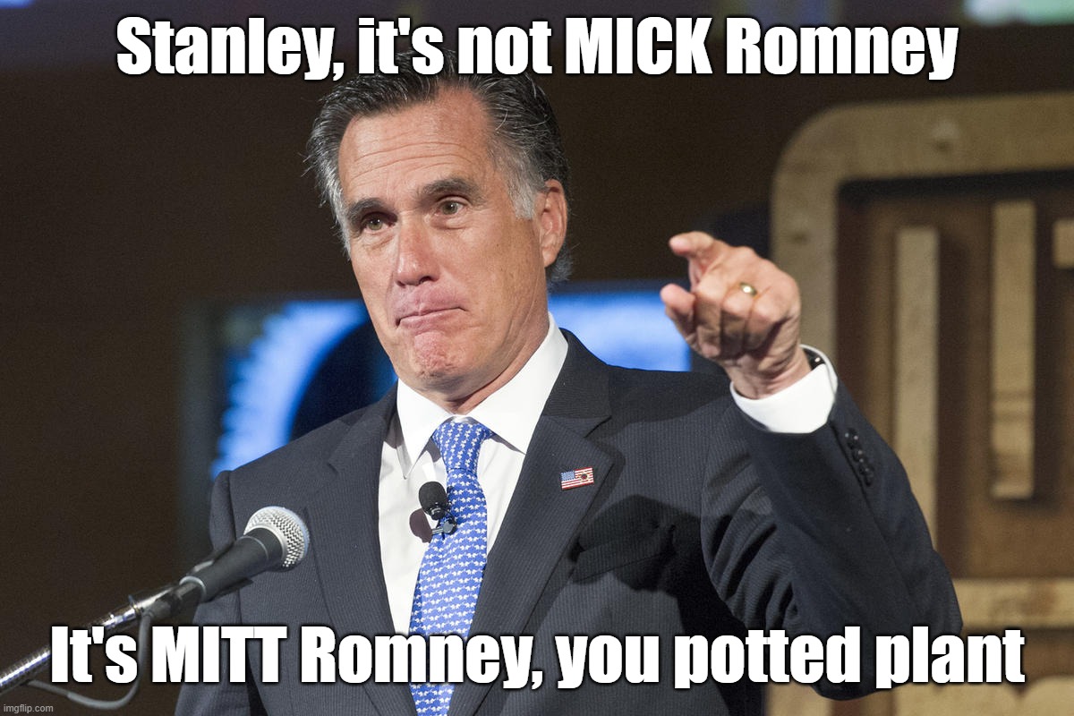 Stanley, it's not MICK Romney It's MITT Romney, you potted plant | made w/ Imgflip meme maker