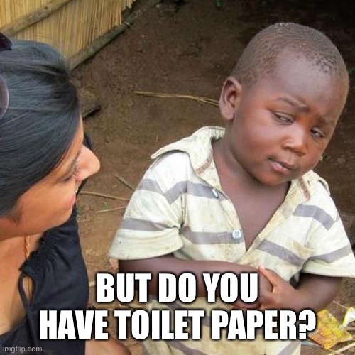 Third World Skeptical Kid | BUT DO YOU HAVE TOILET PAPER? | image tagged in memes,third world skeptical kid | made w/ Imgflip meme maker