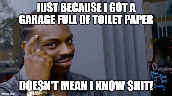 Roll Safe Think About It | JUST BECAUSE I GOT A GARAGE FULL OF TOILET PAPER; DOESN'T MEAN I KNOW SHIT! | image tagged in memes,roll safe think about it | made w/ Imgflip meme maker