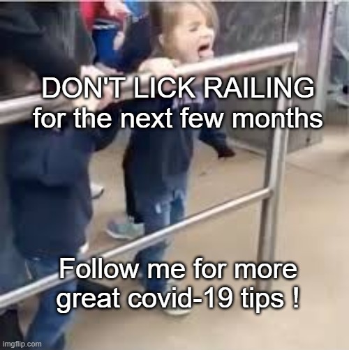 Covid-19 tips | DON'T LICK RAILING for the next few months; Follow me for more great covid-19 tips ! | image tagged in covid-19,tips | made w/ Imgflip meme maker