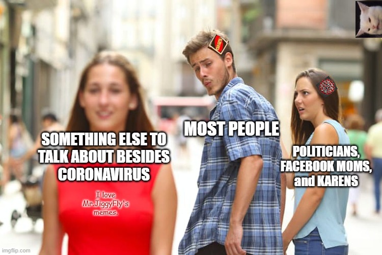 Distracted Boyfriend Meme | MOST PEOPLE; SOMETHING ELSE TO
TALK ABOUT BESIDES
CORONAVIRUS; POLITICIANS,
FACEBOOK MOMS,
and KARENS; I love
Mr.JiggyFly's
memes. | image tagged in memes,distracted boyfriend,coronavirus,mrjiggyfly,karen,facebook mom | made w/ Imgflip meme maker