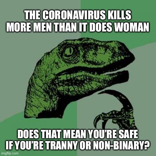 Coronavirus survival hack | THE CORONAVIRUS KILLS MORE MEN THAN IT DOES WOMAN; DOES THAT MEAN YOU’RE SAFE IF YOU’RE TRANNY OR NON-BINARY? | image tagged in memes,philosoraptor,transgender,coronavirus,survival | made w/ Imgflip meme maker