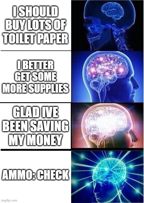 Expanding Brain | I SHOULD BUY LOTS OF TOILET PAPER; I BETTER GET SOME MORE SUPPLIES; GLAD IVE BEEN SAVING MY MONEY; AMMO: CHECK | image tagged in memes,expanding brain | made w/ Imgflip meme maker