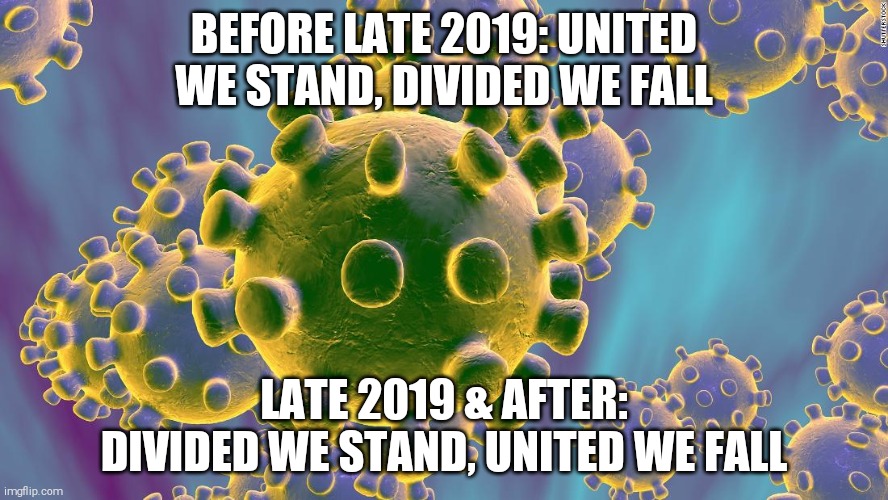 America's New Revision of an Old Phrase | BEFORE LATE 2019: UNITED WE STAND, DIVIDED WE FALL; LATE 2019 & AFTER: DIVIDED WE STAND, UNITED WE FALL | image tagged in coronavirus | made w/ Imgflip meme maker