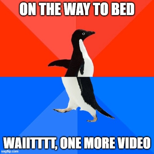 Socially Awesome Awkward Penguin Meme | ON THE WAY TO BED; WAIITTTT, ONE MORE VIDEO | image tagged in memes,socially awesome awkward penguin | made w/ Imgflip meme maker