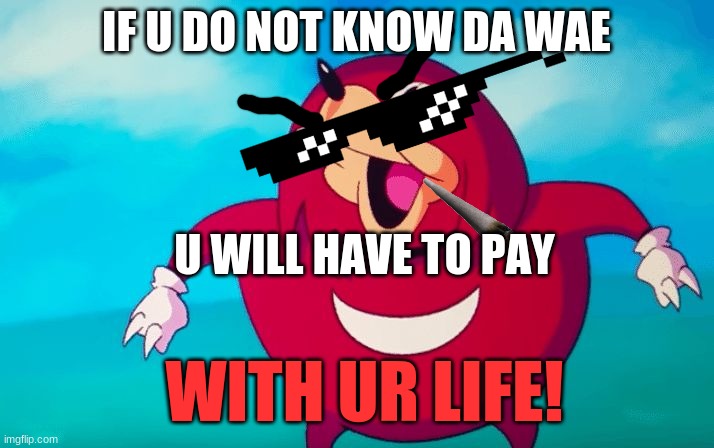 Ugandan Knuckles | IF U DO NOT KNOW DA WAE; U WILL HAVE TO PAY; WITH UR LIFE! | image tagged in ugandan knuckles | made w/ Imgflip meme maker