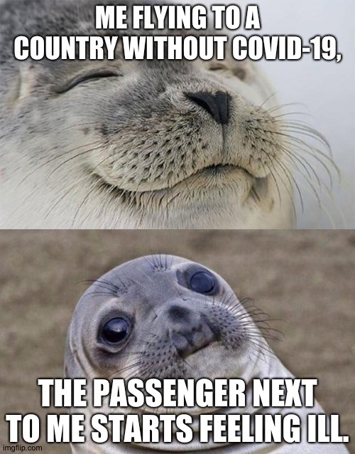 Short Satisfaction VS Truth | ME FLYING TO A COUNTRY WITHOUT COVID-19, THE PASSENGER NEXT TO ME STARTS FEELING ILL. | image tagged in memes,short satisfaction vs truth | made w/ Imgflip meme maker