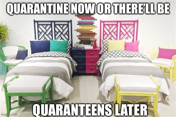 Twin beds | QUARANTINE NOW OR THERE’LL BE; QUARANTEENS LATER | image tagged in twin beds | made w/ Imgflip meme maker