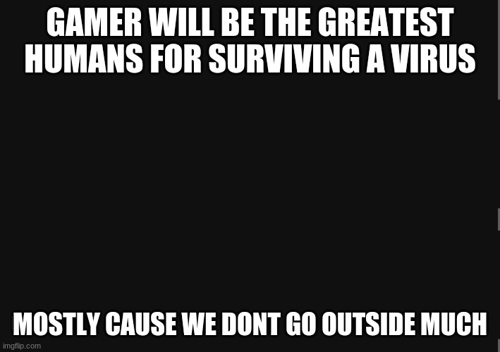 BlackBackground | GAMER WILL BE THE GREATEST HUMANS FOR SURVIVING A VIRUS; MOSTLY CAUSE WE DONT GO OUTSIDE MUCH | image tagged in blackbackground | made w/ Imgflip meme maker