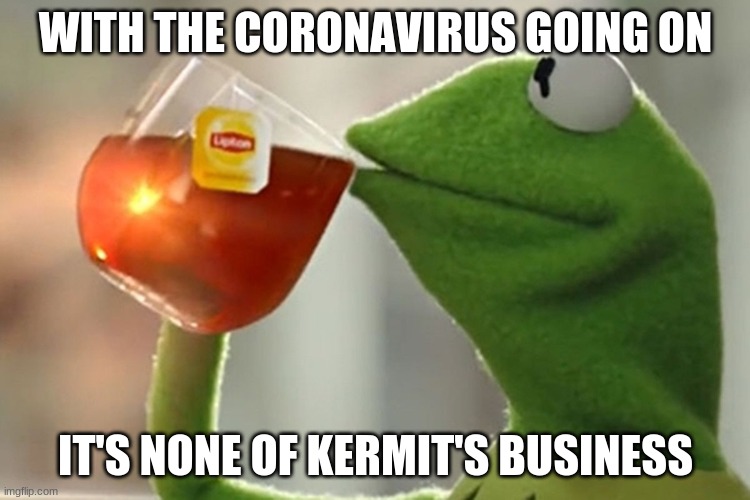 kermit coronavirus meme | WITH THE CORONAVIRUS GOING ON; IT'S NONE OF KERMIT'S BUSINESS | image tagged in kermit sipping tea | made w/ Imgflip meme maker