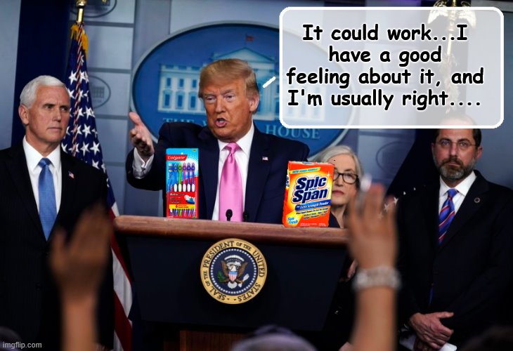DONALD TRUMP:UNSTOPABLE 
RENAISSANCE MAN! | It could work...I have a good feeling about it, and I'm usually right.... | image tagged in trump is a moron,coronavirus,idiots,small hands | made w/ Imgflip meme maker