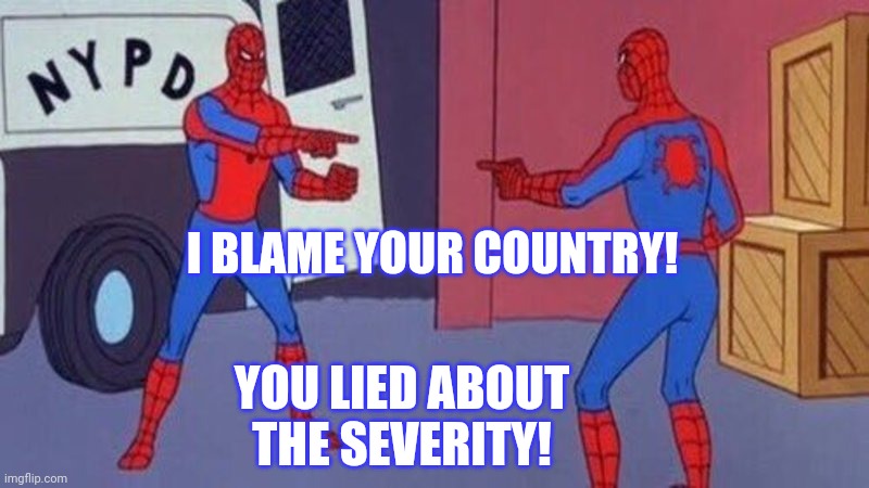 spiderman pointing at spiderman | I BLAME YOUR COUNTRY! YOU LIED ABOUT THE SEVERITY! | image tagged in spiderman pointing at spiderman | made w/ Imgflip meme maker