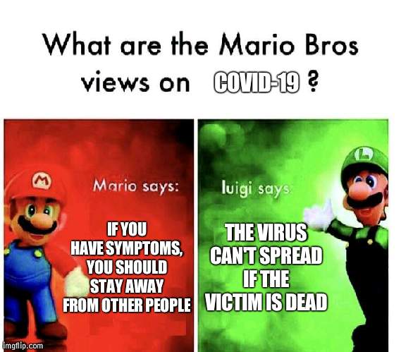 Mario Bros Views | COVID-19; IF YOU HAVE SYMPTOMS, YOU SHOULD STAY AWAY FROM OTHER PEOPLE; THE VIRUS CAN'T SPREAD IF THE VICTIM IS DEAD | image tagged in mario bros views | made w/ Imgflip meme maker