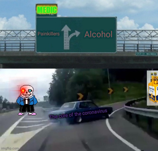 Left Exit 12 Off Ramp | MEDIC; Painkillers; Alcohol; The cure of the coronavirus | image tagged in memes,left exit 12 off ramp,follow | made w/ Imgflip meme maker