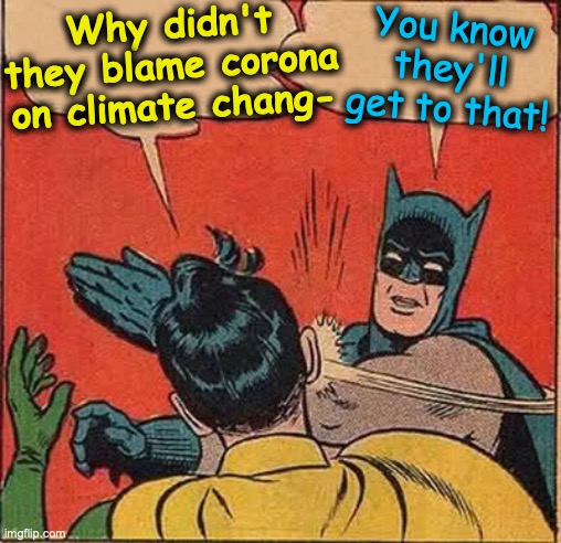 Batman Slapping Robin | You know they'll get to that! Why didn't they blame corona on climate chang- | image tagged in memes,batman slapping robin | made w/ Imgflip meme maker