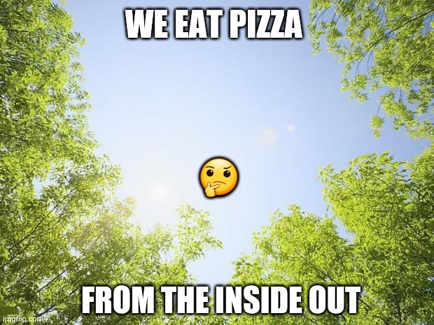 sunshine trees | WE EAT PIZZA; 🤔; FROM THE INSIDE OUT | image tagged in sunshine trees | made w/ Imgflip meme maker
