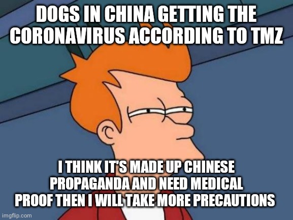 Futurama Fry | DOGS IN CHINA GETTING THE CORONAVIRUS ACCORDING TO TMZ; I THINK IT'S MADE UP CHINESE PROPAGANDA AND NEED MEDICAL PROOF THEN I WILL TAKE MORE PRECAUTIONS | image tagged in memes,futurama fry | made w/ Imgflip meme maker