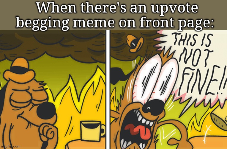 This is not fine | When there's an upvote begging meme on front page: | image tagged in this is not fine | made w/ Imgflip meme maker