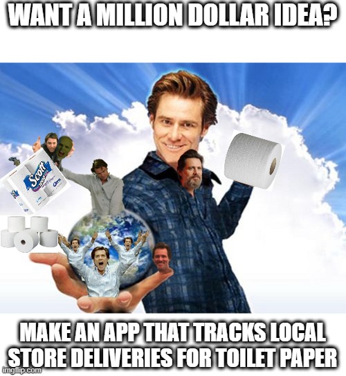 Jim Carrey Carreys MTR602 | WANT A MILLION DOLLAR IDEA? MAKE AN APP THAT TRACKS LOCAL STORE DELIVERIES FOR TOILET PAPER | image tagged in jim carrey carreys mtr602 | made w/ Imgflip meme maker